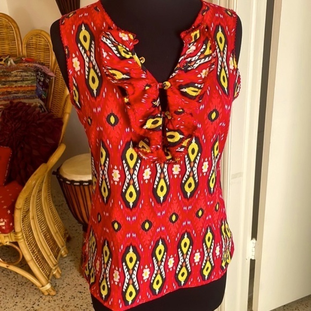 TORY BURCH Sleeveless Red Cotton Woven Print Top! Red Navy Yellow. Ruffle neck!